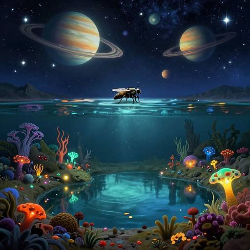 Dreamy digital artwork of a glowing night scene with colorful underwater corals, bioluminescent plants, two flying horses, and two ringed planets