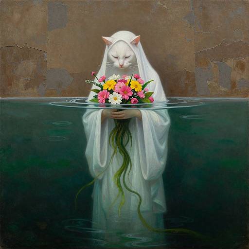 Digital painting of a white cat-like figure in flowing robes, holding a colorful flower bouquet, standing in dark, reflective water.
