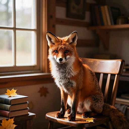 Photograph of a red fox with bright orange fur, black-tipped ears, and white underbelly, sitting on a wooden chair in a sun