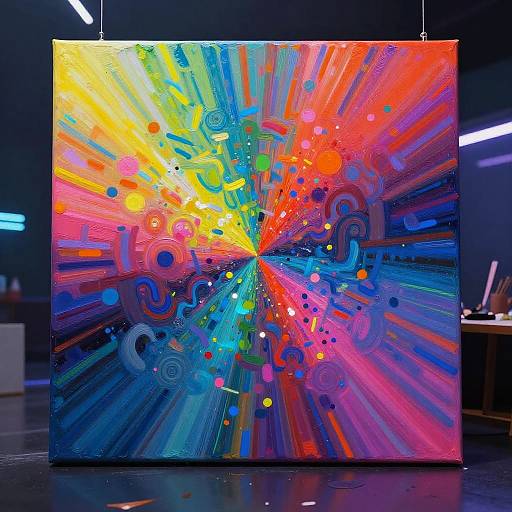 Vibrant, abstract painting with colorful, radiating lines and swirling shapes in red, blue, yellow, and pink, displayed in a dark gallery