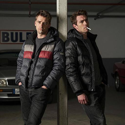 Two Men Leaning in Dimly Lit Garage Smoking Cigarettes