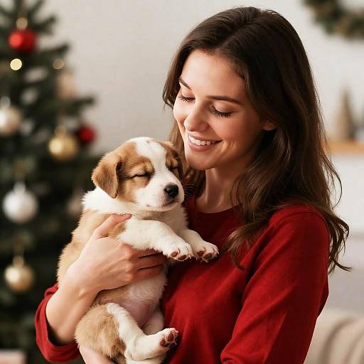 Joyful Woman and Puppy in Holiday Setting