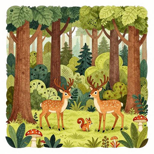 Whimsical forest illustration: Two spotted deer with antlers stand among tall trees, lush greenery, and red mushrooms, with a squirrel nearby.
