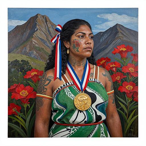 Photograph-style digital painting of a tattooed Indigenous woman with curly hair, wearing a green patterned dress, red flower crown, and medal, standing