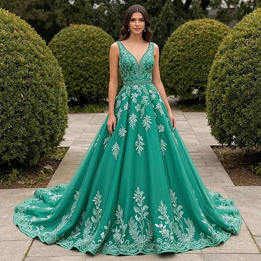 Photograph of a woman in a vivid emerald green, sleeveless ball gown with white floral embroidery, standing on a stone pathway flanked by trimmed