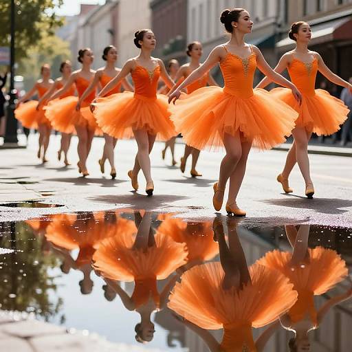 Photograph of a line of ballerinas in bright orange tutus performing on a sunlit street, their reflections shimmering in a puddle.