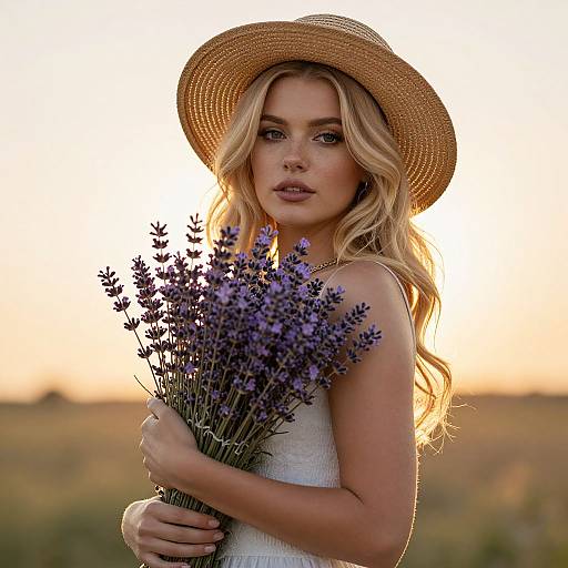 Photograph of a blonde woman with wavy hair, wearing a straw hat and white dress, holding lavender flowers at sunset.