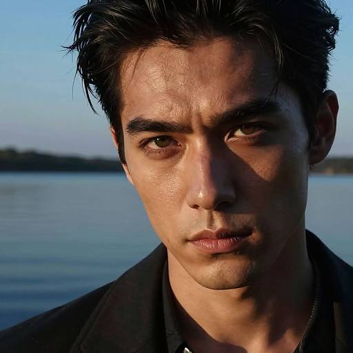 Photograph of a serious-looking young man with dark hair, fair skin, and intense brown eyes, standing against a blurred lake background at sunset.