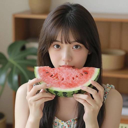Young Woman Enjoying Watermelon in Nature