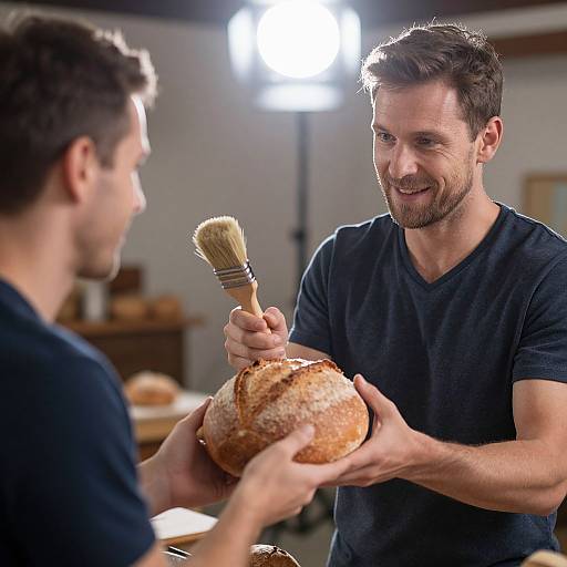 Photograph of a bearded man in a black t-shirt brushing a round loaf of bread with a pastry brush, smiling at a man in a navy
