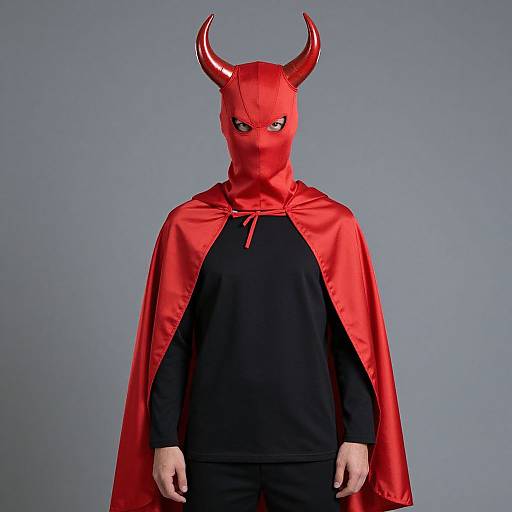 Photograph of a person wearing a red devil mask with horns, red satin cape, and black long-sleeve shirt against a gray background.