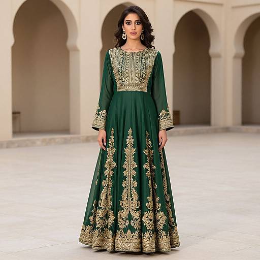 Photograph of a dark-haired woman in a green, gold-embroidered traditional Pakistani long dress, standing in an arched, beige courtyard.