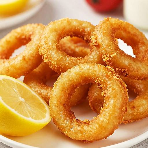 Close-up photograph of golden, crunchy fried dough rings with a sugary coating, accompanied by a lemon wedge on a white plate.
