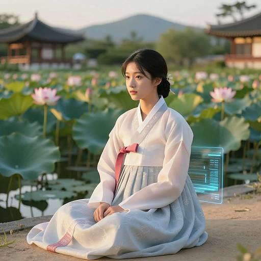 Digital painting of a young Asian woman in traditional white hanbok, sitting by a serene lotus pond with pink lotus flowers, and traditional Korean