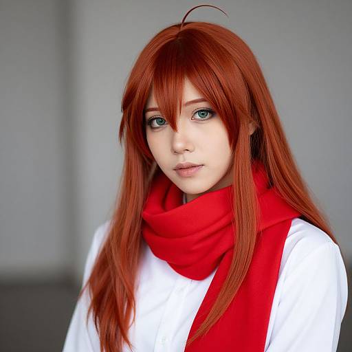 Digital portrait of a young woman with long red hair, blue eyes, wearing a white shirt and bright red scarf, set against a gray background. Anime