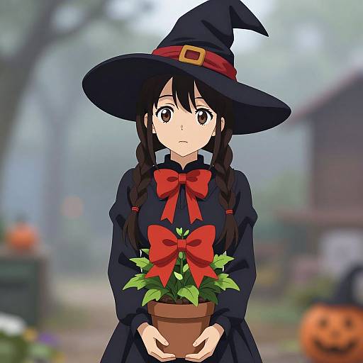 Anime-style drawing of a young girl with black hair in braids, wearing a witch hat and black dress with red bows, holding a potted plant
