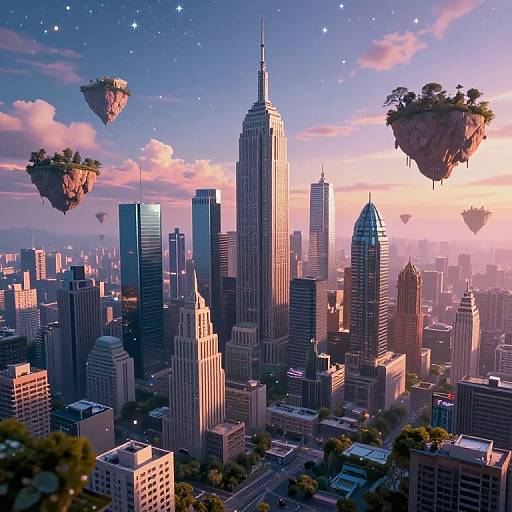 Digital art: Futuristic cityscape at sunset with towering skyscrapers, floating islands with greenery, and starry sky. Buildings have varied architectures