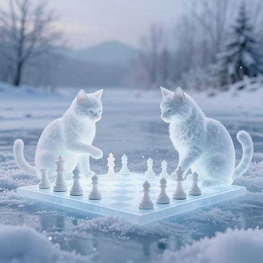 Photograph of two glowing, white cats playing chess on a luminous board in a snowy, wintry forest landscape at twilight.