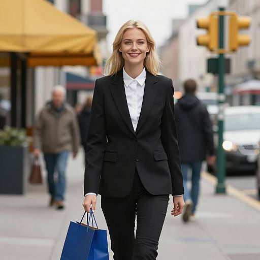 Blonde Woman in Black Blazer with Shopping Bag on City Street