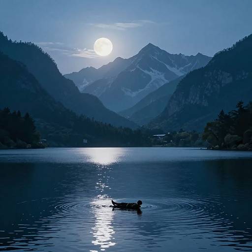 Photograph of a serene lake at twilight, featuring a lone duck swimming near the center, with snow-capped mountains and a glowing full moon in the