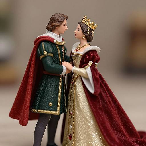 Photograph of detailed royal doll couple; he wears green coat with red cape, she dons gold gown and red cape, both with gold crowns