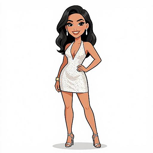 Digital cartoon of a confident woman with long black hair, wearing a white halter dress, silver heels, and gold bracelet, standing against a white background