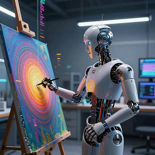 Photograph of a white humanoid robot painting a vibrant, colorful abstract spiral on an easel in a modern, brightly lit studio.