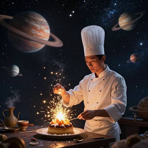Photograph of a male chef in a white uniform and hat, sparking a dessert with fireworks in a starry, planetary background.