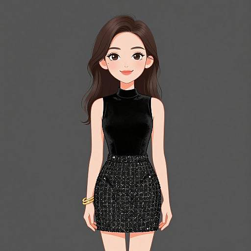 Digital anime-style illustration of an Asian woman with long dark hair, wearing a black sleeveless top and sparkly black skirt, against a dark gray background