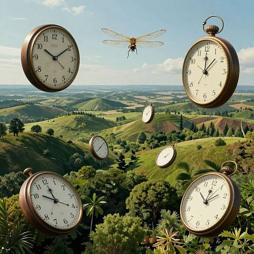 Surreal Whimsical Landscape with Floating Clocks