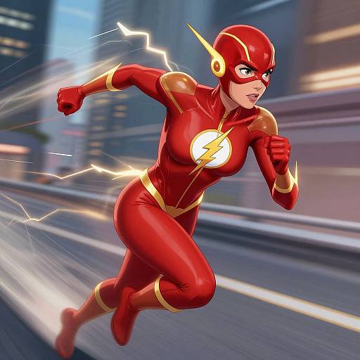 Digital artwork of Flash, a red and yellow superhero with lightning bolts, running fast on a city street at night.