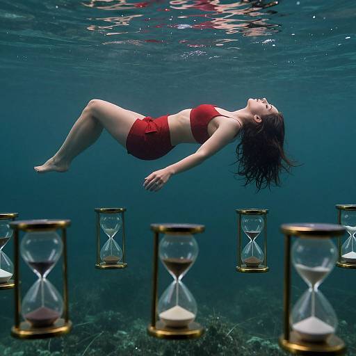 Photograph of a woman with long black hair, wearing a red bikini, floating underwater surrounded by golden hourglasses. Dark blue water background, light