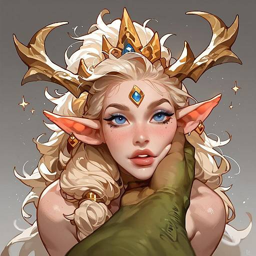 Digital art of a blonde, blue-eyed elf with golden antler crown, pointed ears, and blue gem, held by a green, scaled hand.