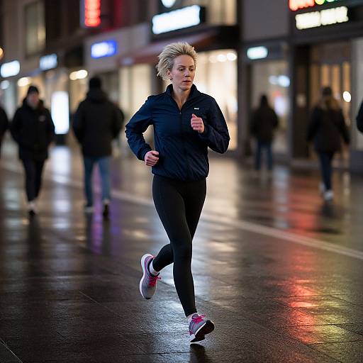Photograph of a blonde woman jogging in a black athletic jacket and leggings, pink and white sneakers, on a wet, reflective city street at night,