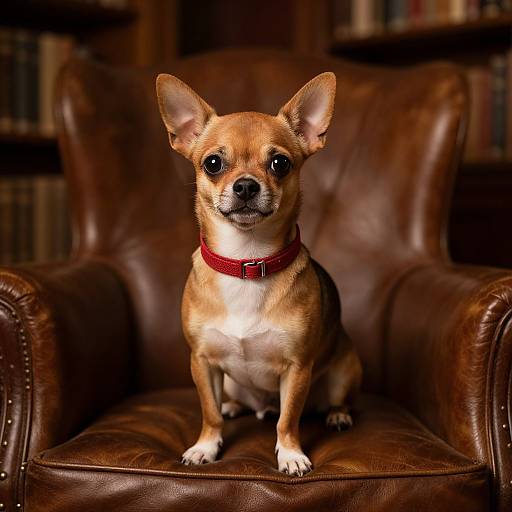 Photograph of a small, tan Chihuahua with large ears, wearing a red collar, sitting on a brown leather armchair in a dim