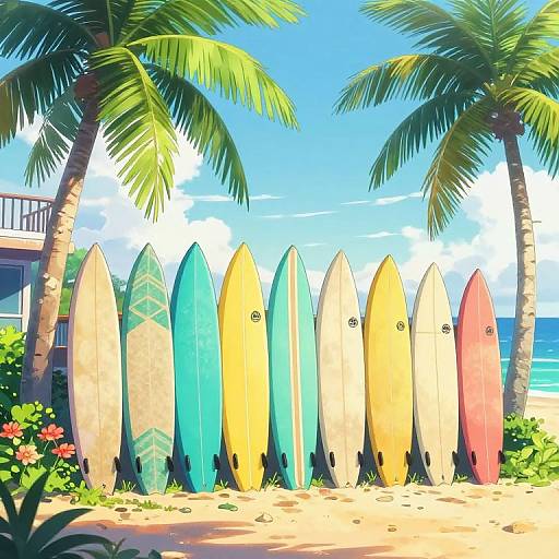 Vibrant digital illustration of colorful surfboards standing upright in front of two palm trees, with a bright blue sky and ocean in the background.