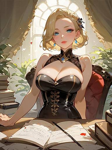 Blonde Woman in Black Corset at Desk