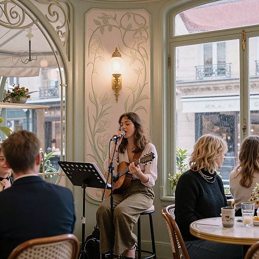 Photograph of a curly-haired woman singing into a microphone in a vintage-style café, surrounded by seated patrons, ornate wall decor, and large windows