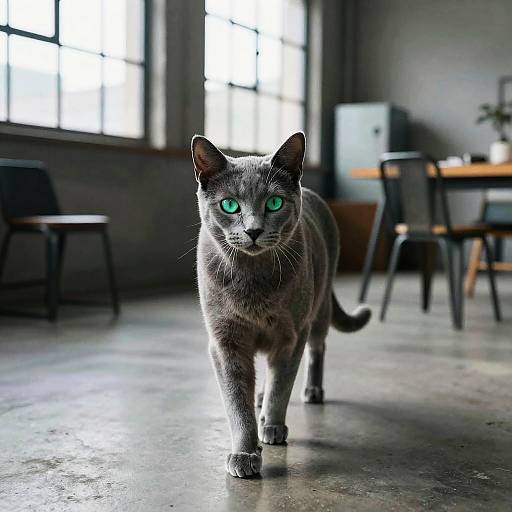 Confident Russian Blue Cat in Industrial Space