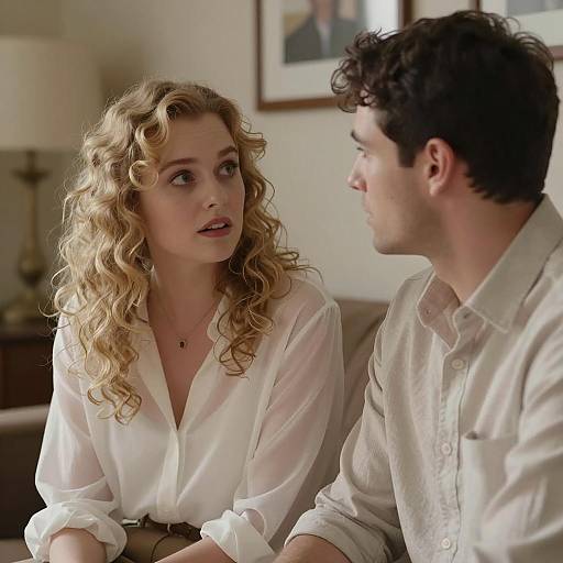 Photograph of a blonde woman with curly hair and a white blouse, looking at a dark-haired man in a white shirt, seated in a living room