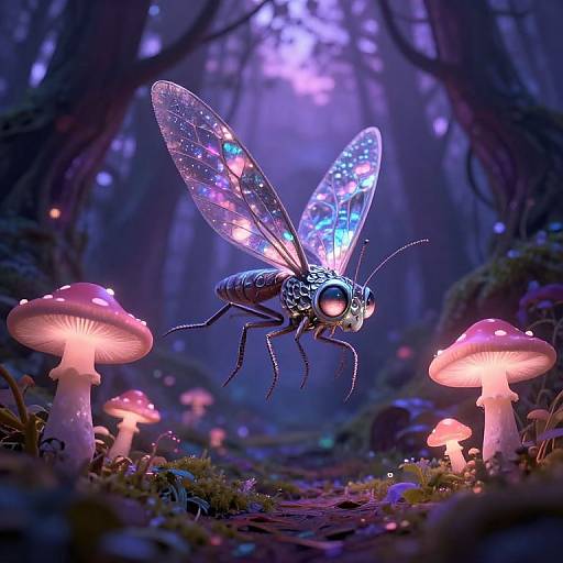 Digital artwork of a glowing, iridescent dragonfly with starry wings, hovering above bioluminescent pink mushrooms in a mystical, purple-l