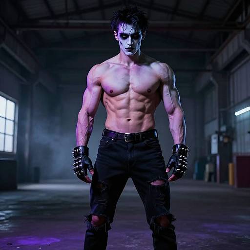 Photograph of a muscular, shirtless man with pale skin, black makeup, spiked gloves, and torn jeans, standing in a dimly lit,