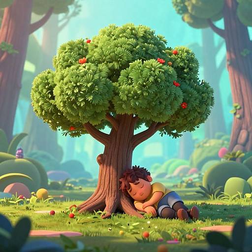 CGI cartoon of a sleeping boy with dark hair, tan skin, and blue shorts, leaning against a lush, red-fruit-filled tree in a