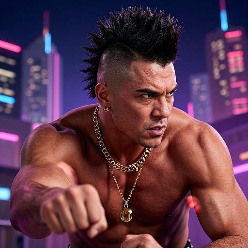 Photorealistic digital image of a muscular, shirtless man with spiked black hair, gold chain, and dog tag, punching forward in a neon-l