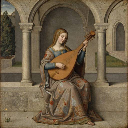 Renaissance painting of a fair-skinned woman with long brown hair, wearing a blue and gold-patterned gown, playing a lute under an