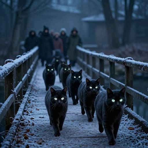 Photograph of nine black cats with glowing eyes walking on a snow-covered, wooden bridge at night, surrounded by misty, blue-lit trees.