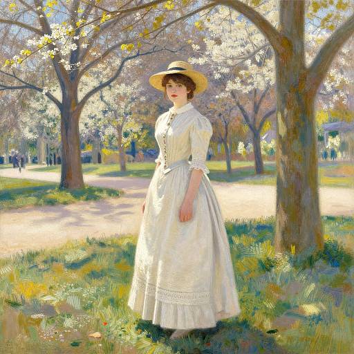 Digital painting of a young woman in a white Victorian dress and straw hat, standing under sunlit trees in a park.