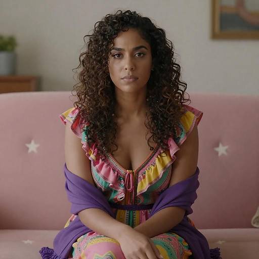 Serious Woman on Pink Star Couch