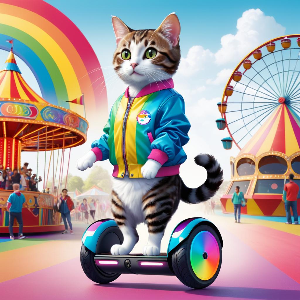 Stylish Cat on Rainbow Segway at Fairground