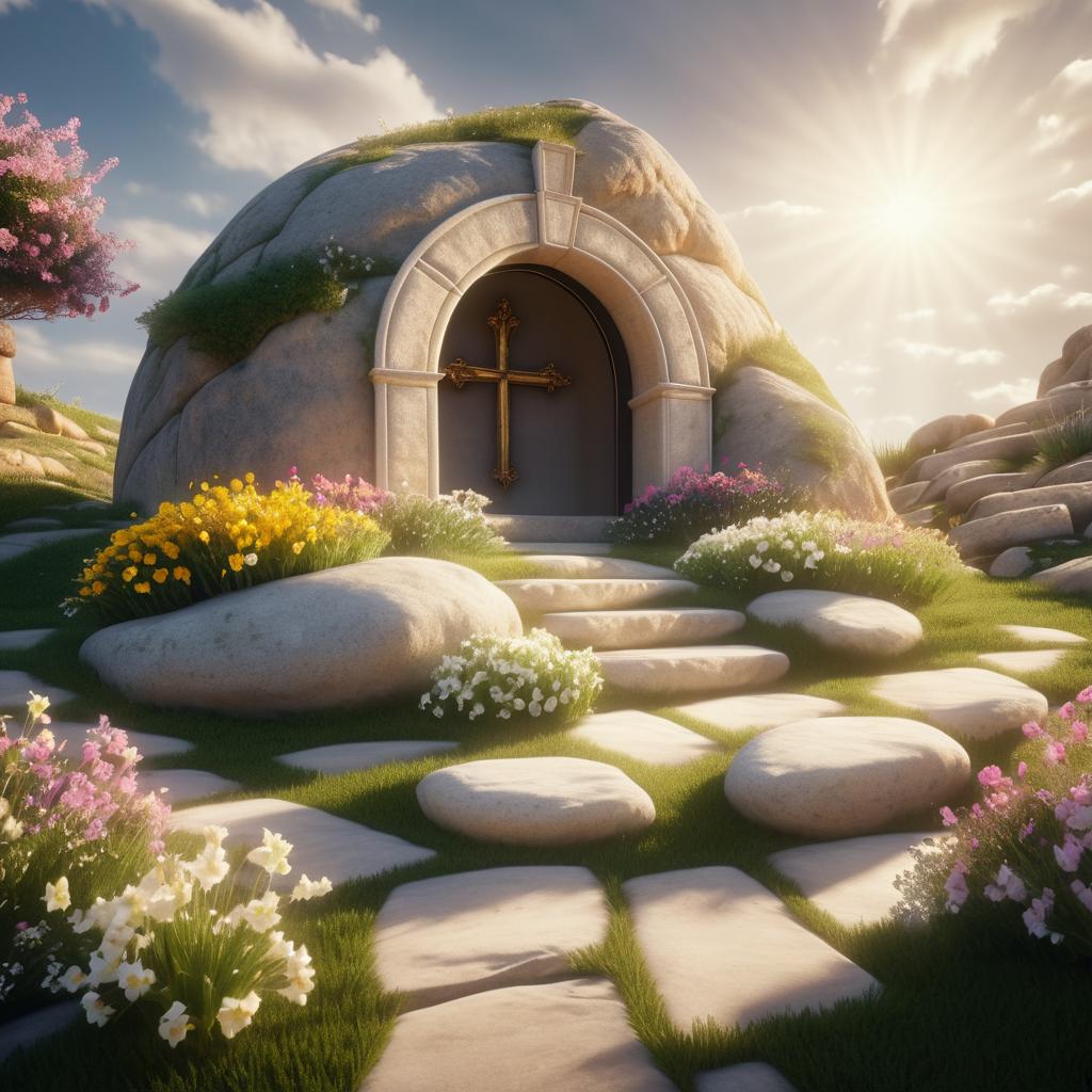 Serene Empty Tomb with Blooming Flowers